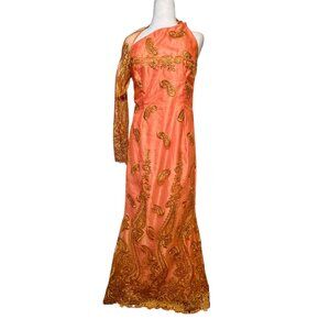 One Shoulder Elaborate Gown Guilded Embroidery Orange Special Event Indian M